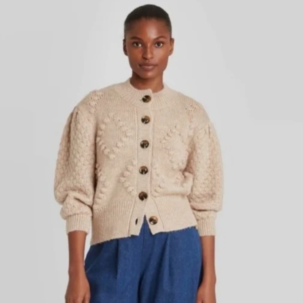 Who What Wear puffy sleeve button up oatmeal heather small sweater.